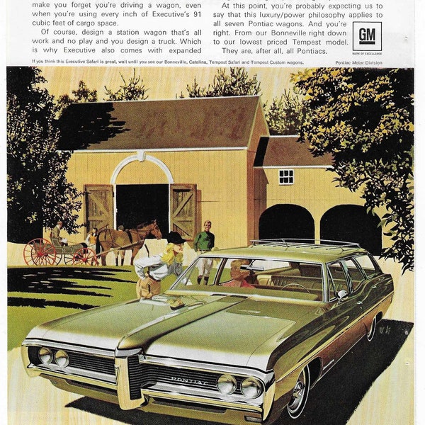 Original 1968 Full Page Magazine Advertisement for PONTIAC EXECUTIVE SAFARI Station Wagon Stunning Artwork 7 X 10 inches