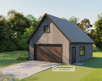 2-Car 2-Story Garage plan Package ,24&#39; x 30&#39; Complete Building Blueprints with Loft + Material List