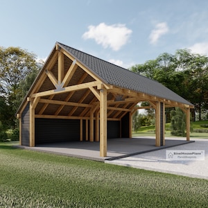 Timber Frame Carports Plan, 34'x22' Wood Pavilion Blueprints, Traditional style Post Gable Complete Gazebo Drawings