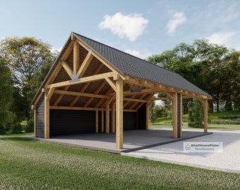 Timber Frame Carports Plan, 34'x22' Wood Pavilion Blueprints, Traditional style Post Gable Complete Gazebo Drawings