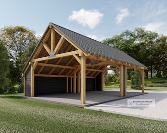 Timber Frame Carports Plan, 34'x22' Wood Pavilion Blueprints, Traditional style Post Gable Complete Gazebo Drawings