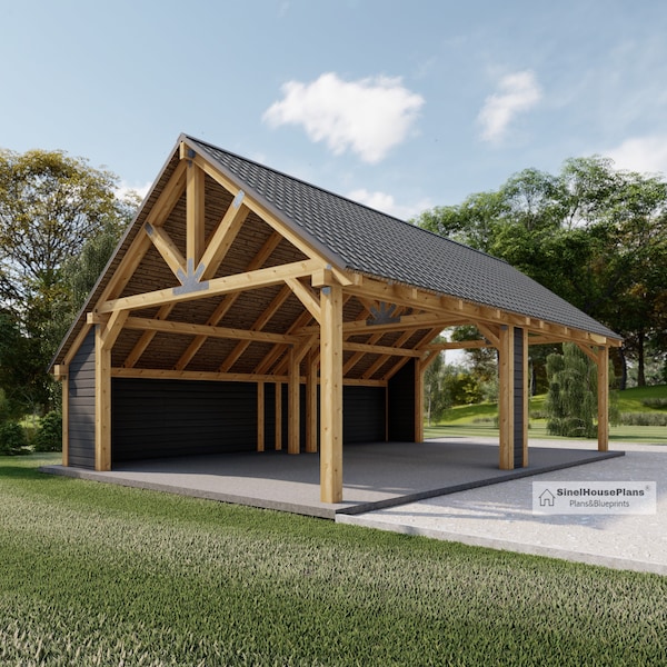 Timber Frame Carports Plan, 34'x22' Wood Pavilion Blueprints, Traditional style Post Gable Complete Gazebo Drawings