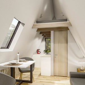 May include: A small, triangular-shaped room with white walls and a wooden floor. There is a white table with two chairs, a small kitchen area with a coffee maker, a couch, and a loft bed. The room has a modern, minimalist design.