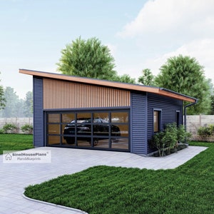 2 Car Modern Garage plan-23' x 24' Building Blueprints Package With Loft Storage