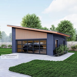 2 Car Modern Garage plan-23' x 24' Building Blueprints Package With Loft Storage