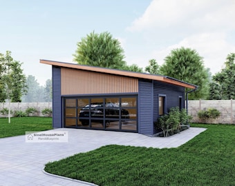 2 Car Modern Garage plan-23&#39; x 24&#39; Building Blueprints Package With Loft Storage