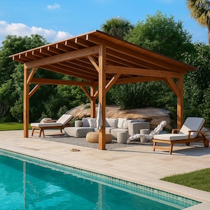 May include: A wooden pergola with a sloped roof shades outdoor furniture. The furniture includes a grey sectional sofa, two chaise lounges, and a woven ottoman. A swimming pool with turquoise water is in the foreground.