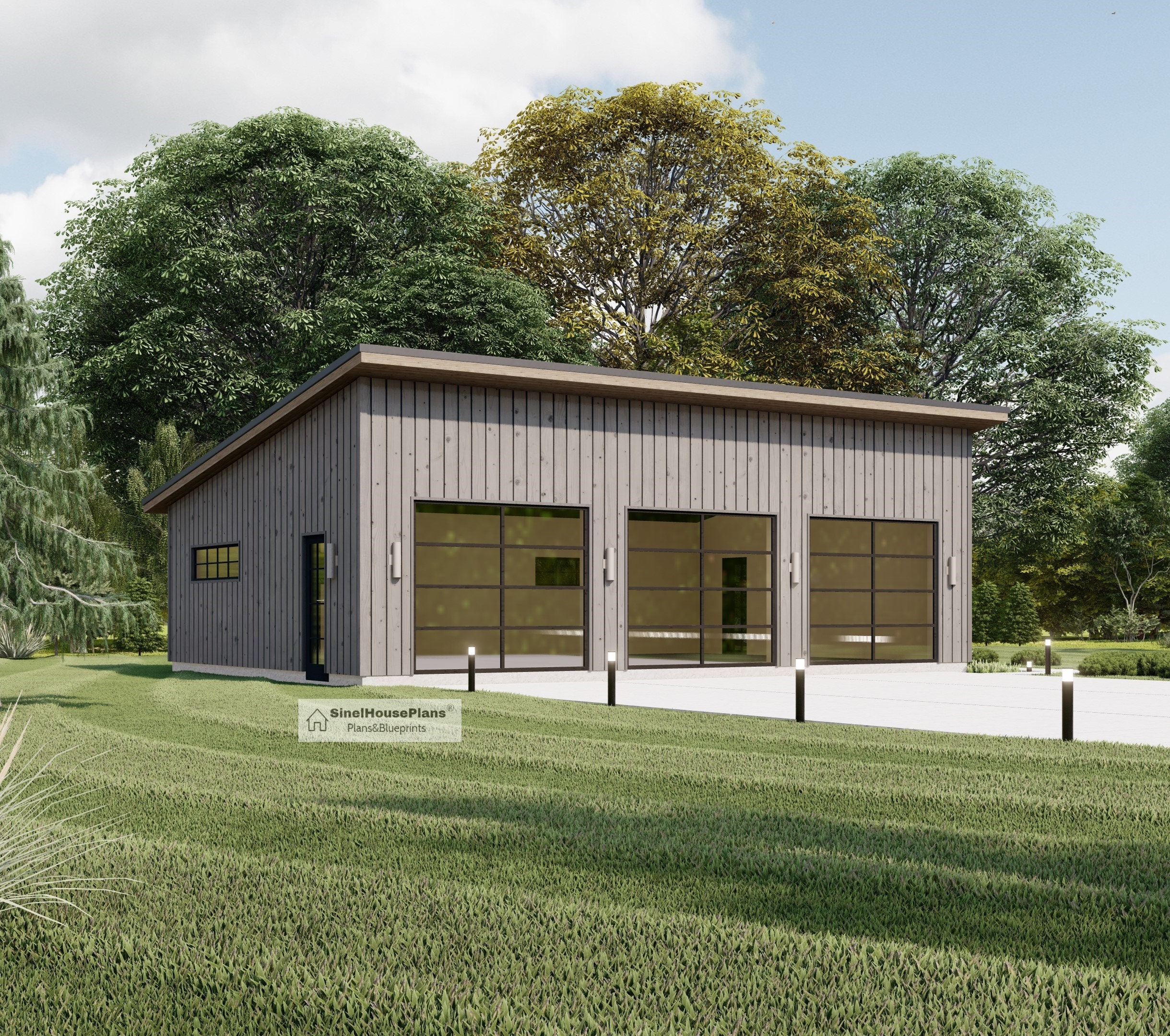 3 Car Modern garage plans, 35'-6''x 24' Contemporary Style Garage  Architecture Blueprints
