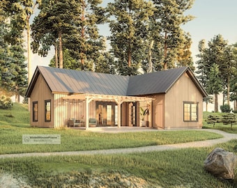 Ranch Style Cottage Plan - 3 Beds 2 Baths ,  1204 sq ft, L-Shaped Small House Blueprints