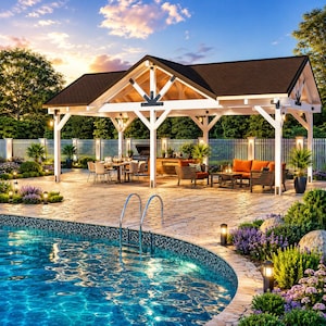 May include: A white wooden pavilion with a dark shingled roof, featuring open sides, exposed beams, and decorative black metal brackets. The structure is situated on a stone patio next to a swimming pool with a metal ladder and outdoor furniture.