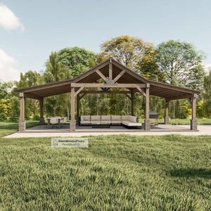 Pole Barn Pavilion Plans with Double Lean, Garden Gazebo Blueprints, Backyard Shade Pergolas Structures