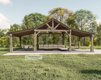 Pole Barn Pavilion Plans with Double Lean, Garden Gazebo Blueprints, Backyard Shade Pergolas Structures