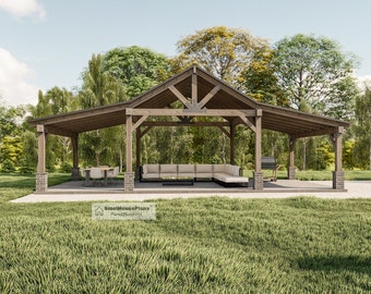 Pole Barn Pavilion Plans with Double Lean, Garden Gazebo Blueprints, Backyard Shade Pergolas Structures