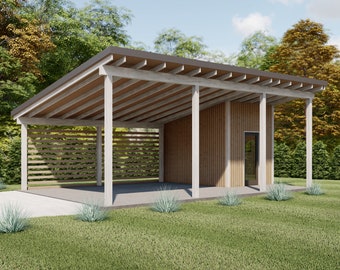 Modern Carport Plans with Storage Shed, 19'x28'-6'' Lean to Pavilion Construction Blueprints