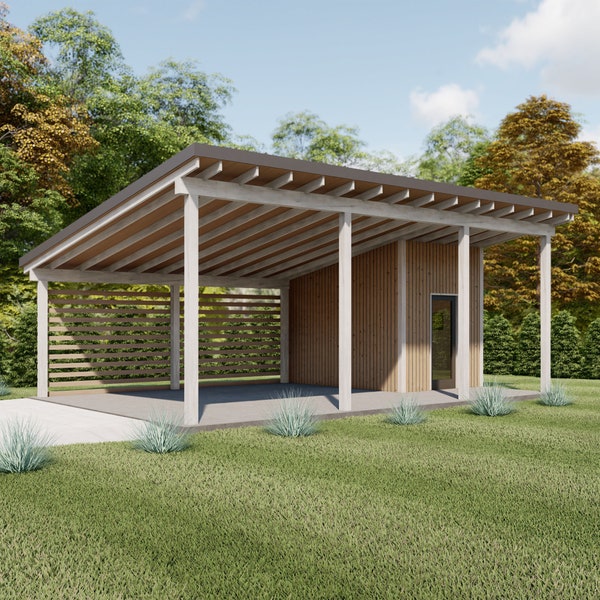 Modern Carport Plans with Storage Shed, 19'x28'-6'' Lean to Pavilion Construction Blueprints