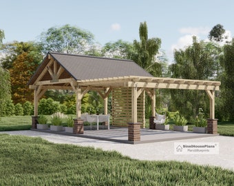 26'x16' Pavilion with Pergola Plans, Outdoor Gazebo Blueprints