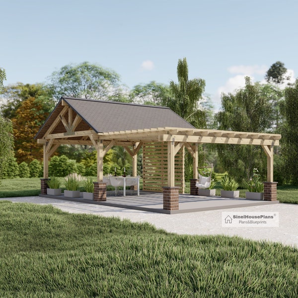 26'x16' Pavilion with Pergola Plans, Outdoor Gazebo Blueprints