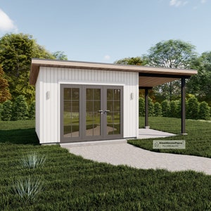 10'x20' Modern Garden Shed Plans with Porch, Small Garden Studio House Construction drawings/blueprints