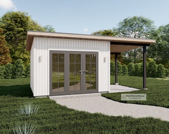 10'x20' Modern Garden Shed Plans with Porch, Small Garden Studio House Construction drawings/blueprints