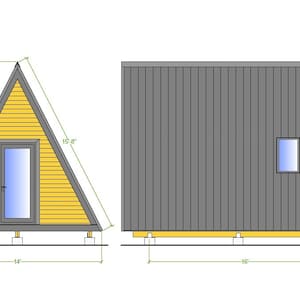 May include: A line drawing of a small, triangular house with a door and a window. The house is 14-1/4 inches tall, 15-8 inches wide, and 14 inches deep. The house is on a foundation with a yellow base.