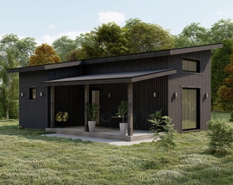 20'x28' Modern Tiny House Plans, Lean Cabin Architectural Construction Blueprints