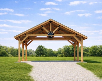 30'x20' Traditional Carport Plan: DIY  Gable Timber Framing Pavilion Blueprints (PDF)