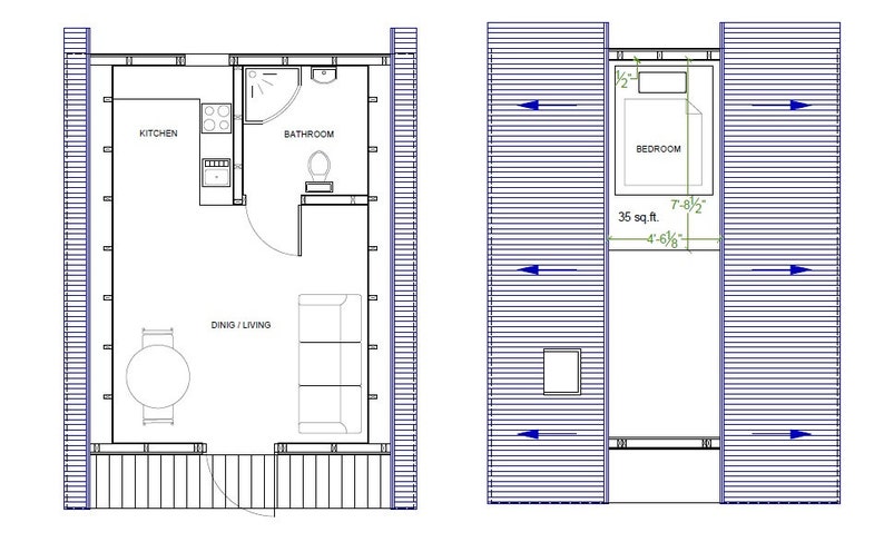 May include: A black and white floor plan of a small house with a kitchen, bathroom, dining/living room, and bedroom. The house is 35 square feet and the bedroom is 7'8 1/2" by 4'6 1/8".