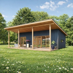 Plano de casa pequeña moderna con porche cubierto, planos de cabaña de un dormitorio.