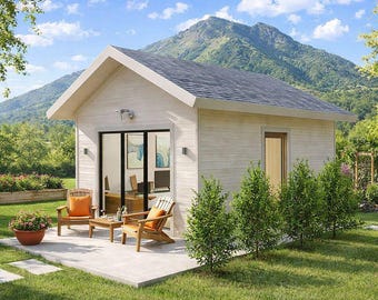 Backyard Office Plans, 14'x18' Tiny House Building blueprints,  Outbuilding drawings with material list