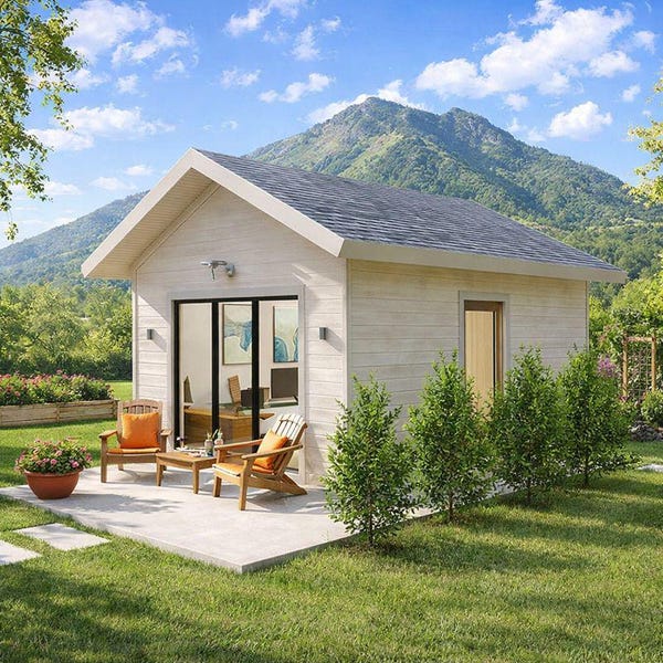 Progetti per uffici in giardino, progetti per casette di 14'x18', disegni di dependance con elenco dei materiali