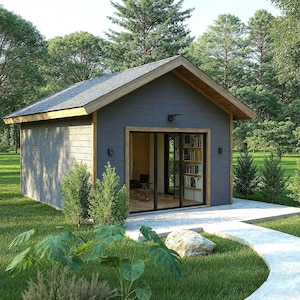 Backyard Office Plans, 14&#39;x18&#39; Tiny House Building blueprints, Outdoor Shed drawings with material list