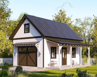 One Car Garage Plans with Loft & Covered Porch/Workshop Shed Blueprints