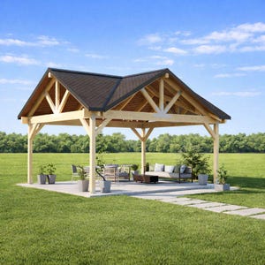May include: A wooden outdoor gazebo with a dark brown shingled roof. The gazebo has a light-colored wooden frame and is set on a concrete patio. The gazebo is furnished with outdoor seating and potted plants, perfect for a backyard setting.
