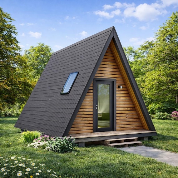 14'x16' A Frame Cabin Plan, Two Story Triangular Tiny House Building Blueprints