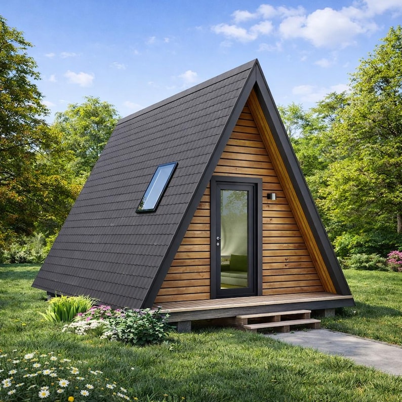 14'x16' A Frame Cabin Plan, Two Story Triangular Tiny House Building Blueprints image 1