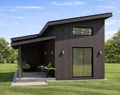 Compact Backyard Studio Cabin House Plans-Lean Roof Cottage Design