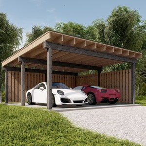 Carport Plan, 20' x 20' Modern Two Car Garage Pavilion Blueprints with material and cut list