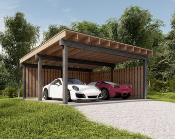 Carport Plan, 20' x 20' Modern Two Car Garage Pavilion Blueprints with material and cut list