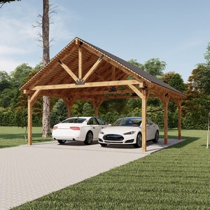 20'x24' Wooden  Carport Plans, Gable Roof Pavilion Blueprints with Material List