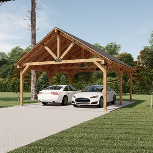 Houten carportplattegronden 20 x 24 inch, blauwdrukken zadeldakpaviljoen met materiaallijst
