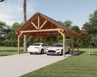 20'x24' Wooden  Carport Plans, Gable Roof Pavilion Blueprints with Material List