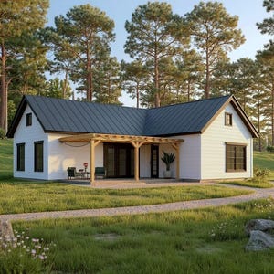 牧場風コテージプラン：ベッドルーム3室、バスルーム2室、1204平方フィート（PDFダウンロード可能な設計図）