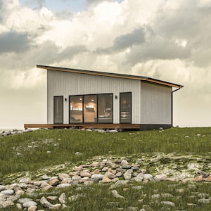 Modern Tiny House Plan: 607 SF Cottage with Single Pitch Roof (Digital Download