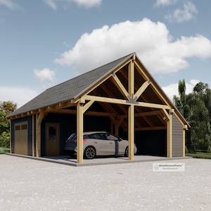 Timber Framed Garage plans , 34'x 24 'Carport Blueprints, Massive Post Traditional Pavilion Construction Drawings