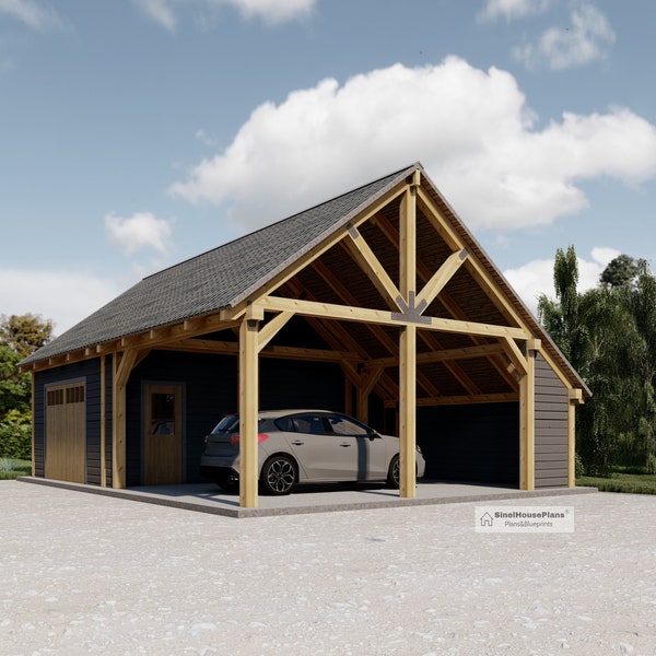 Timber Framed Garage plans , 34'x 24 'Carport Blueprints, Massive Post Traditional Pavilion Construction Drawings