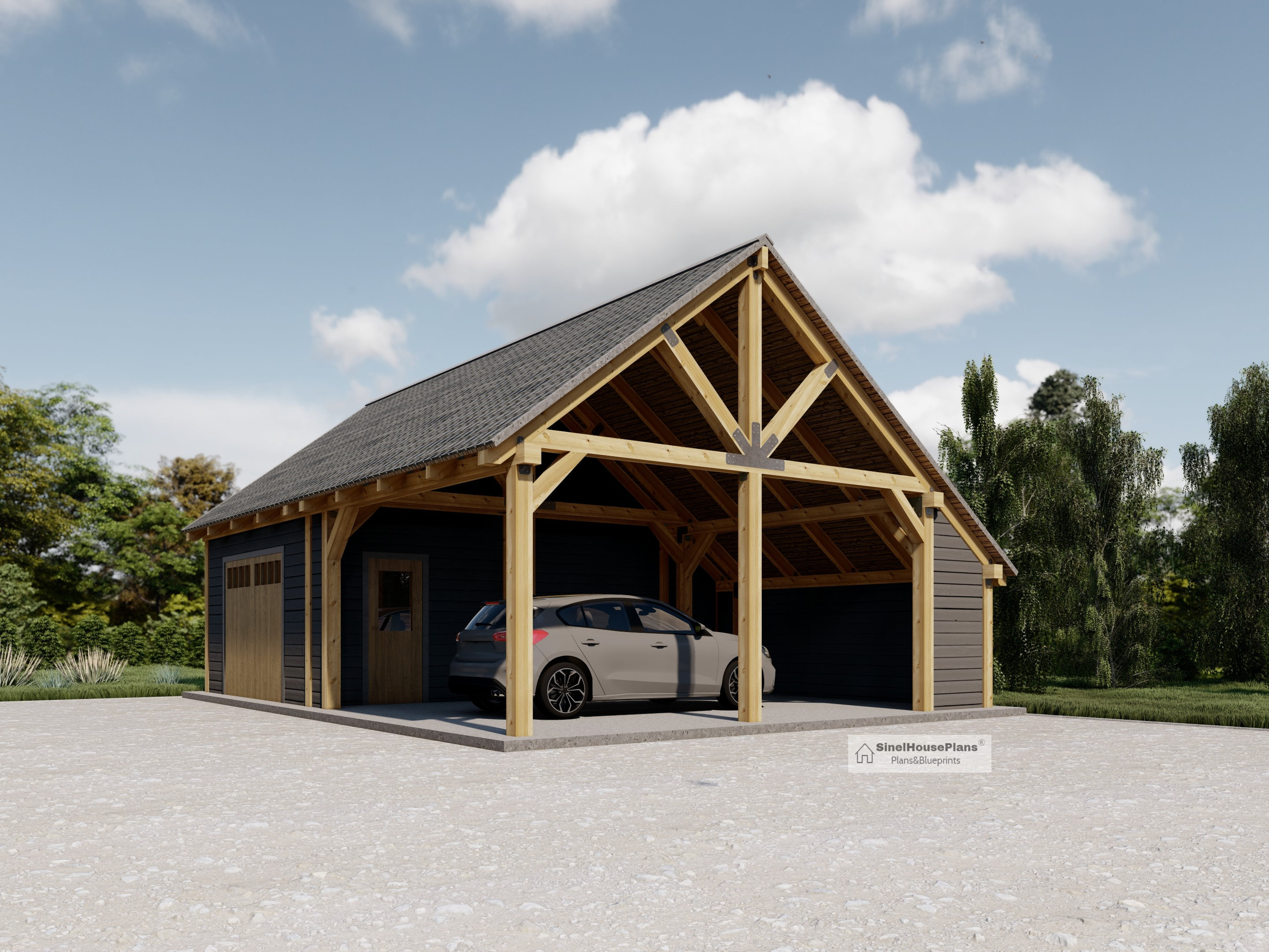 Carport Plans, 20'x20' Modern Two Car Garage Pavilion Blueprints