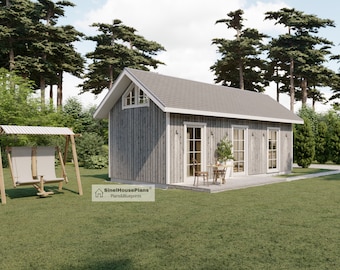 Cabin House Plan, 2-Story 2-Bedroom 455 SF Cottage Building Construction Drawings with Material List