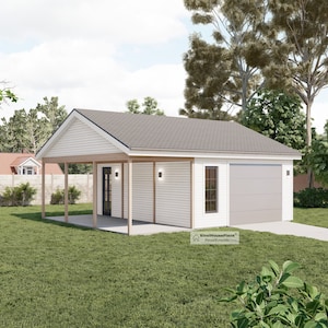 Garageplattegrond voor één auto met veranda, 24'x 22' carport architectonische blauwdrukken + materialenlijst