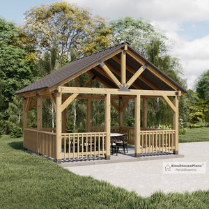 16&#39;x14&#39; Gazebo Pavilion Plans, Garden Picnic Shelter Construction Blueprints, Pavilion with Railing