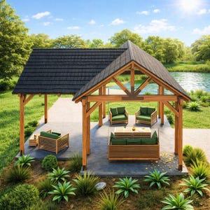 3-Gable Timber Frame Pavilion Plan, Outdoor Living Space Blueprints, Pergola structures